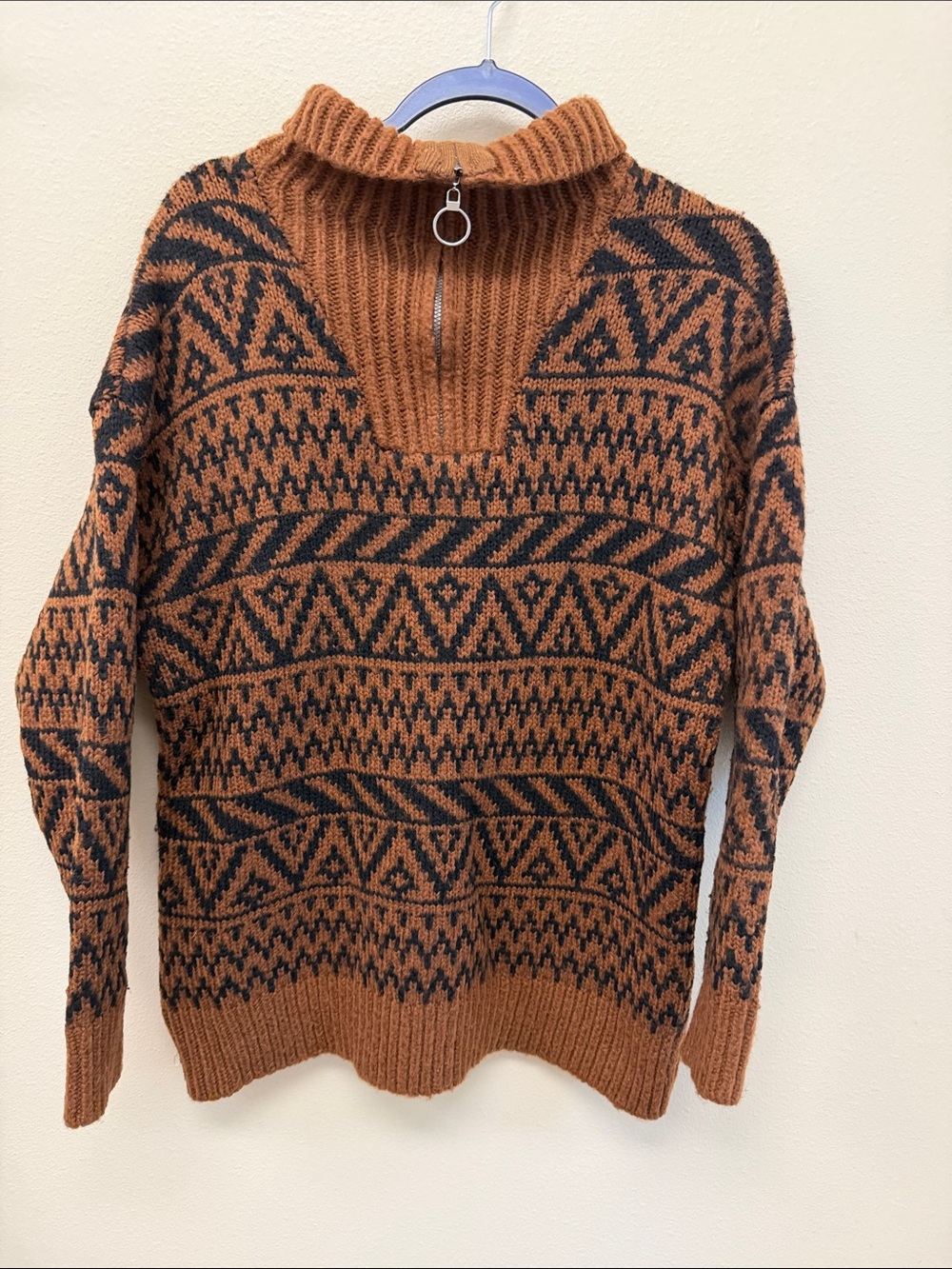 aerie Rust and Black Geo Knit Zip-Up Sweater
